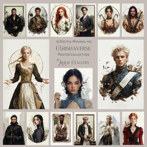 Puede incluir: Una colección de 15 pósters digitales con personajes de la serie de libros Grishaverse. Los pósters son de estilo minimalista con fondo blanco y un diseño sencillo. Los personajes se representan en diversas poses y expresiones. El texto "Grishaverse Poster Collection by Khial Gallery" se muestra en la parte superior de la imagen.