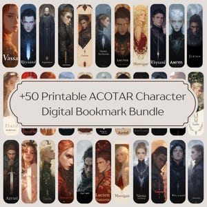 Op de afbeelding: Een set van 50 printbare digitale bladwijzers met personages uit de serie A Court of Thorns and Roses. De bladwijzers zijn in verschillende kleuren en bevatten verschillende personages uit de serie, waaronder Rhysand, Nesta, Cassian en Amren.