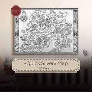 以下が含まれることがあります： Quick Silverと題された白黒のファンタジー地図。城、森、山々の詳細なイラストが描かれています。地図にはYvella、Sahasroth、Lessiaなどの地域名が記されており、神話上の生き物が描かれた装飾的な枠で囲まれています。