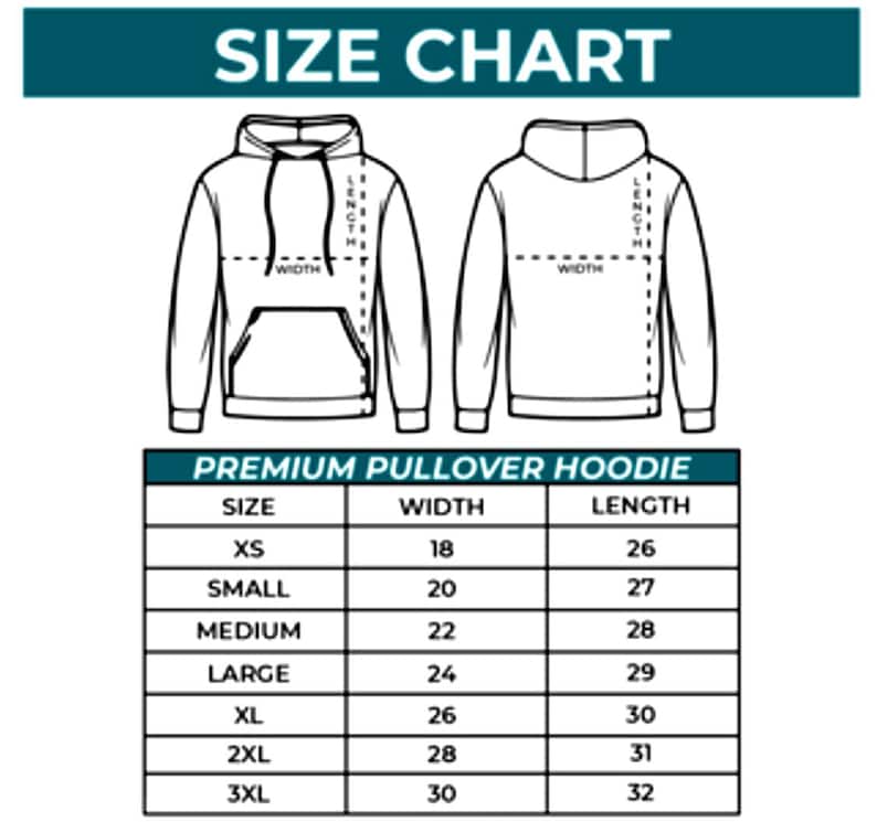 May include: A size chart for a premium pullover hoodie. The chart includes measurements for width and length in inches for sizes XS to 3XL. The image also shows front and back views of the hoodie with labeled measurement points.