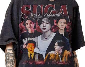 T-shirt vintage bootleg anni '90 di Suga Min Yoongi in edizione limitata, T-shirt classica streetwear Kpop di Suga Min Yoongi, T-shirt unisex regalo per uomo e donna di Suga