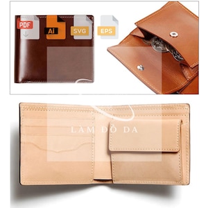 Cartera de cuero plegable con bolsillo para monedas, juego para corte por LÁSER: archivos compatibles con láser (Ai, Pdf, Eps, Svg), patrón de cartera de cuero con tutorial