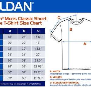 May include: A Gildan Men's Classic Short Sleeve T-Shirt Size Chart. The chart shows measurements for width, length, and sleeve center back in inches for sizes SM to 5XL. A diagram illustrates how to measure the shirt.