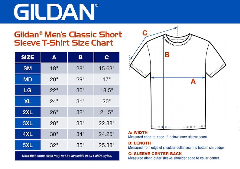 May include: A Gildan Men's Classic Short Sleeve T-Shirt Size Chart. The chart shows measurements for width, length, and sleeve center back in inches for sizes SM to 5XL. A diagram illustrates how to measure the shirt.
