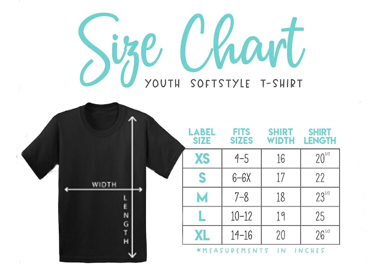May include: Black youth softstyle t-shirt with a size chart. The chart lists label sizes, fit sizes, shirt width, and shirt length in inches. Sizes range from XS to XL.