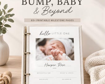 May include: A ring-bound milestone journal titled BUMP, BABY & BEYOND with 65+ printable pages. The cover features a photo of a newborn, the text hello LITTLE ONE, and blank lines for name, birthdate, time, weight, length, and birthplace.