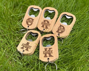 Personalized Wood & Metal Bottle Opener Keychain: Engraved Groomsmen Gift