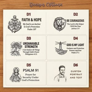 May include: A grid of six design options labeled D1 through D6, featuring black line art illustrations and religious text. Designs include an anchor, a lion, a tree, a lighthouse, a figure, and a portrait placeholder with custom text options.
