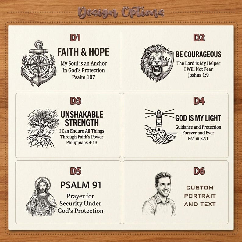 May include: A grid of six design options labeled D1 through D6, featuring black line art illustrations and religious text. Designs include an anchor, a lion, a tree, a lighthouse, a figure, and a portrait placeholder with custom text options.