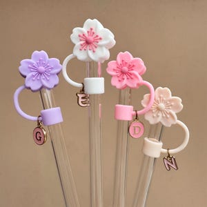 Puede incluir: Cinco pajitas transparentes con adornos florales decorativos en tonos morado, blanco, rosa y melocotón. Cada pajita tiene una flor de diferente color y un dije con una letra. El fondo es de color beige liso.