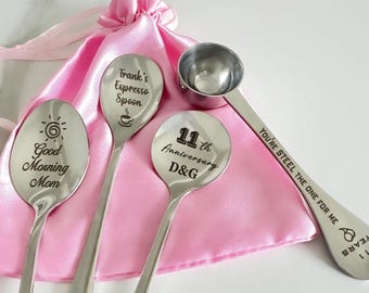 Op maat gegraveerde roestvrijstalen lepels: gepersonaliseerde koffie, dessertlepels, 11e verjaardag, verjaardagscadeau