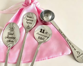 Custom Engraved Stainless Steel Spoons: Personalized Coffee, Dessert Spoons,11th Anniversary,Birthday Gift