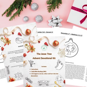 May include: A Christmas-themed Advent devotional kit with printed pages, ornaments, and a gift box. The kit includes instructions, daily Bible readings, and images to color and cut out. Decorative elements include ornaments, ribbons, and greenery.