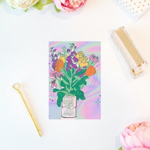 Art de carte postale de vase de fleur pourpre | A6 | Double face | Sans cadre | Botanique | Motif floral | Art mural | Imprimé floral | Illustration