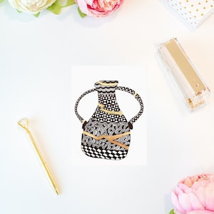 Impression d'art de carte postale Kintsugi Zentangle | A6 | Double face | Sans cadre | Géométrique | Vase à fleurs | Art mural | Illustration | Encre dorée