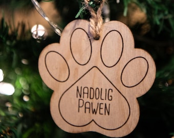 Welsh Pawprint Christmas Tree Decoration, Wooden Pet Bauble