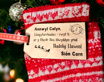 Personalized Welsh Wooden Christmas Gift Tag, Message From Santa