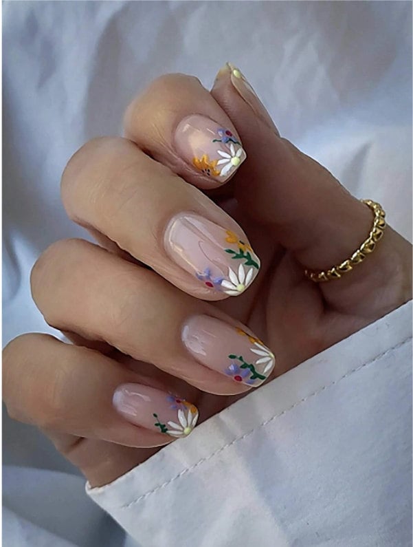 Künstliche Nägel Mittellang Mit Blumen & Strass – 24-teiliges Set In Rosa & Weiß Inkl. Kleber & Feile