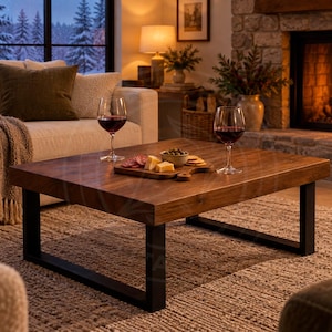 Peut inclure: Une table basse rectangulaire dotée d'un plateau épais en bois brun foncé au grain naturel et de pieds robustes en métal noir en forme de U. La surface de la table supporte deux verres à vin à pied remplis de vin rouge et une planche en bois.
