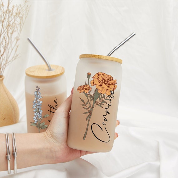 FLOWER FROSTED TUMBLER 16oz Frosted Glass Libbey Cup With Bamboo Lid and  Straw Custom Beer Can Glass personalized Iced Coffee Cup Gift 