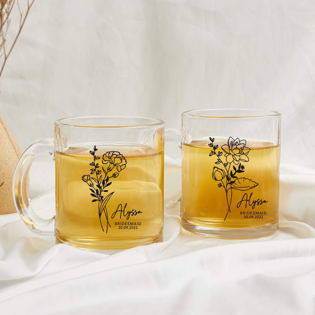 Custom Birth Flower Glass Mug, Personalized Glass Name Mug, Bridesmaid