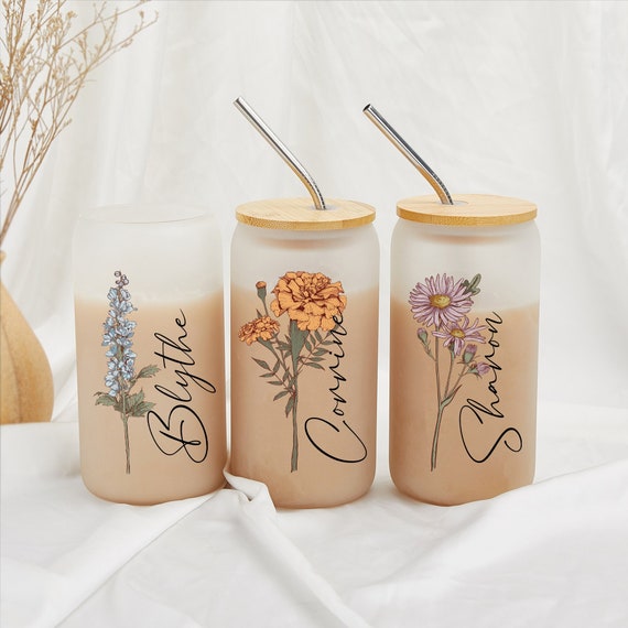 Personalized Birth Flower Iced Coffee Cup - The White Invite