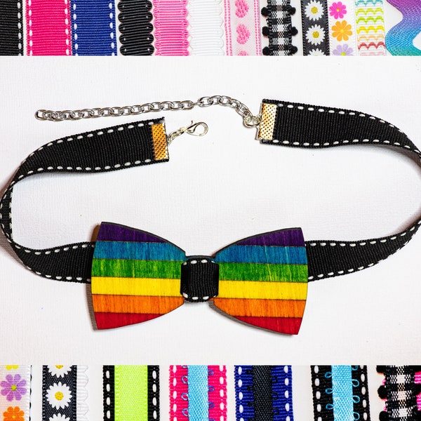 Rainbow Pride Wooden Bowtie Choker Necklace | LGBTQ+ Pride Jewelry | Customizable Ribbon