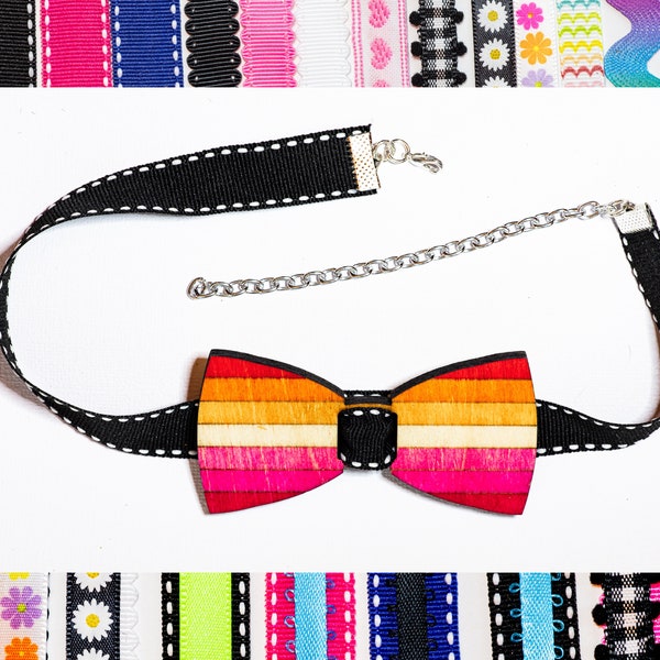 Handmade Lesbian Pride Bowtie Wooden Choker Necklace - Customizable Ribbon - Silver Findings