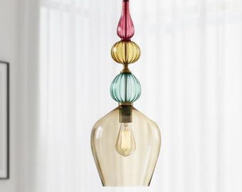 Blown Glass Pendant Light - Modern Kitchen Island Fixture - Blue Hanging Ceiling Lamp - Art Deco