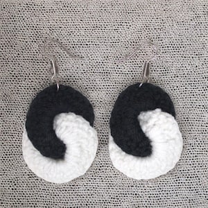 Handmade White and Black Yarn Crochet Earrings – Boho Chic Dangle Earrings, Lightweight & Comfortable for Everyday Wear