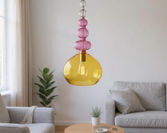 Hand Blown Glass Pendant - Ceiling Light Fixture - Dining Room Lighting - Kitchen Island Pendant - Modern Pendant Light - Pendant Lamp