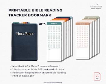 May include: Printable Bible reading tracker bookmarks in three color schemes: teal, orange, and pink. Each bookmark is 4.5 inches by 12 inches and features a grid for tracking reading progress. The bookmarks are labeled "Genesis".