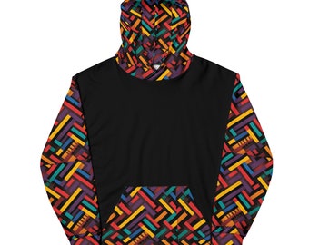 Multicolored Kente Hooded Black Hoodie, Ghana Gift, Kente Lovers Hoodie, Matching Couples Hoodie