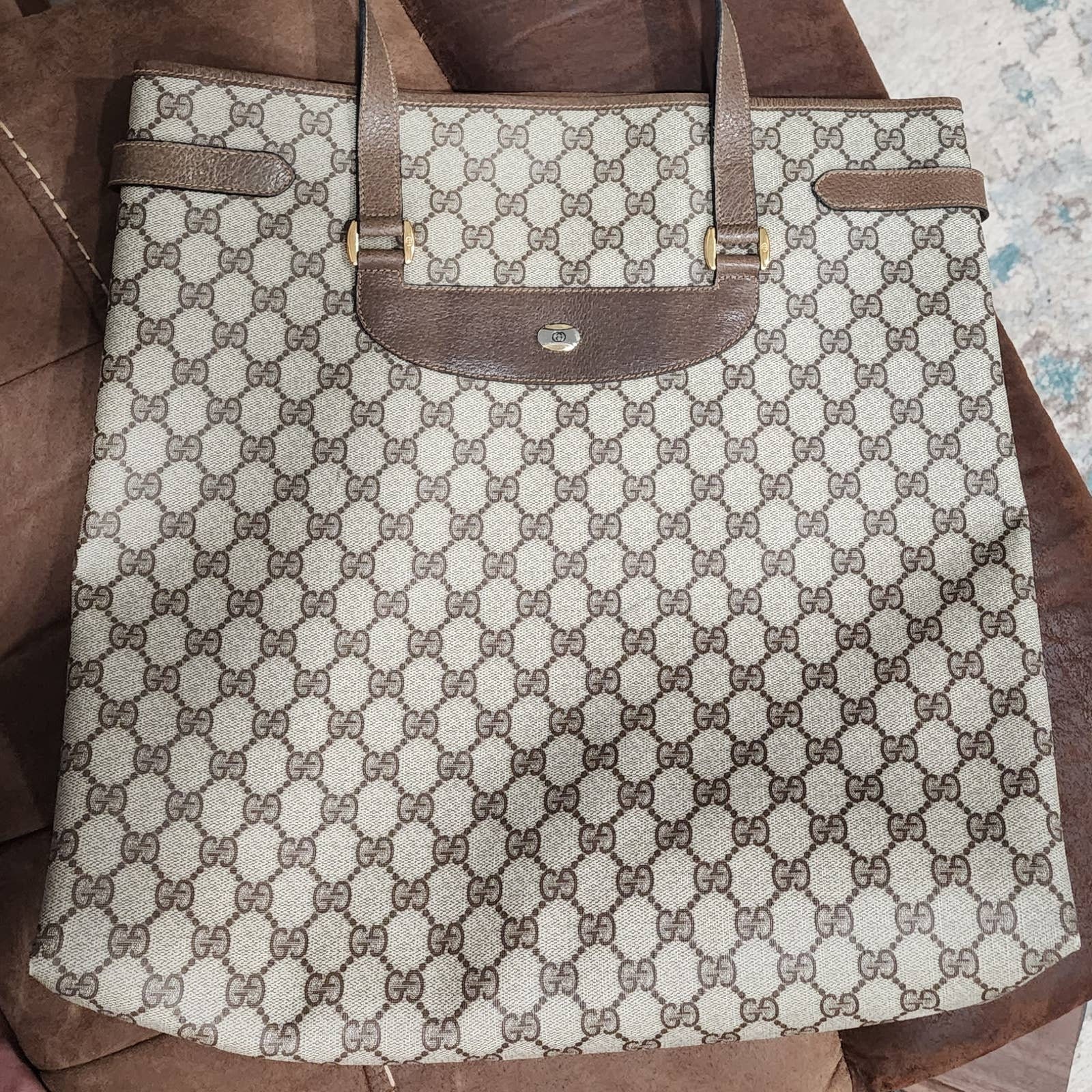 Gucci GG Monogram Briefcase Business Nylon Laptop Bag Brown Handbag Tote  190630