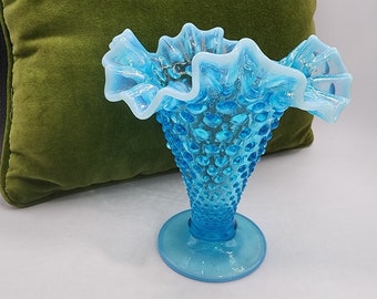 Fenton Hobnail Vase Opalescent Blue Tall Ruffled Edge