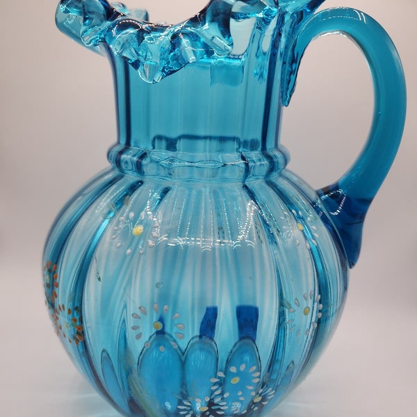 Antique Victorian Glass Pitcher with Enameled Flowers