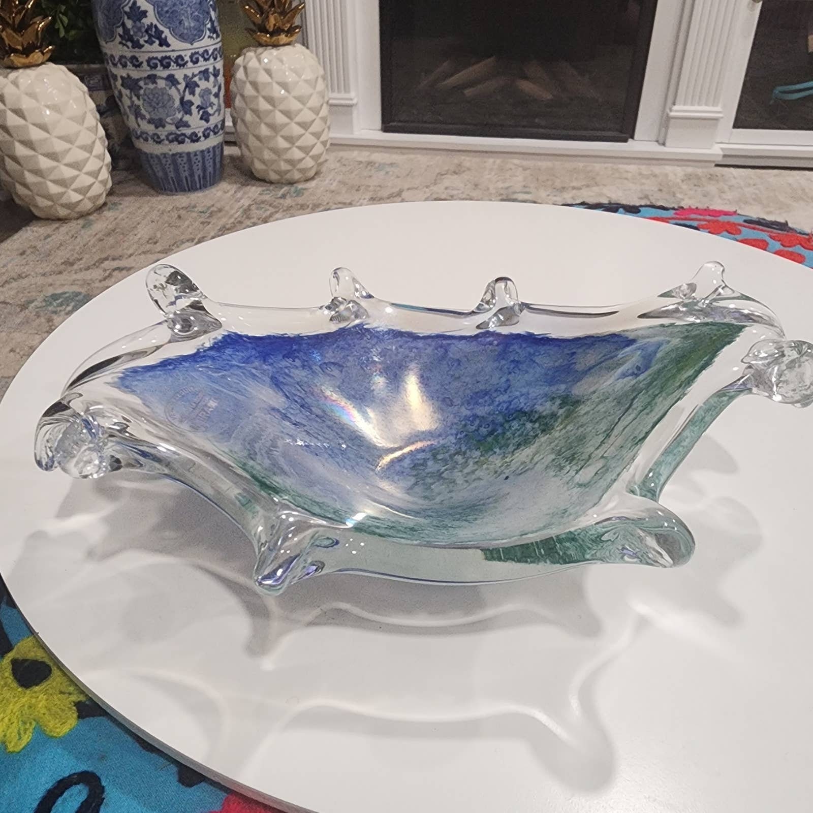 Unique Murano Glass Bowl with Blue Shades and Multicolored Filaments