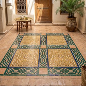 Peut inclure: Un sol de cour orné de mosaïques complexes aux motifs géométriques jaunes, verts et bleus. La zone centrale est entourée de carreaux couleur terre cuite, avec une petite table ronde en métal et un palmier en pot à proximité.