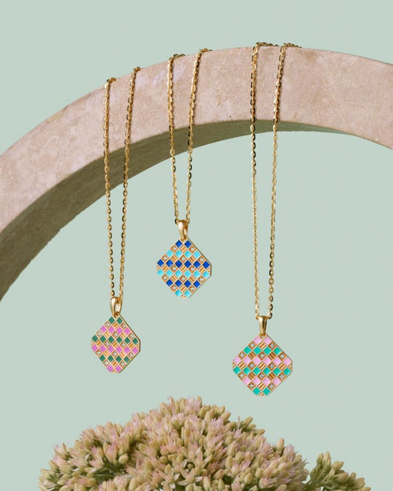 Check Mate Necklace, Gold Checkerboard/chessboard Pendant, Sea