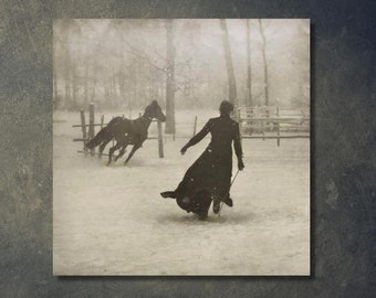 Lady and Her Horse on a Snowy Day, by Félix Thiollier,1899,Snowy Day decor, canvas print art, ready to hang,home decor,canvas art print,