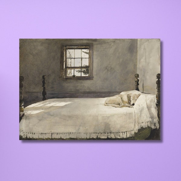 Master Bedroom Dog Sleeping in Bed, By Andrew Wyeth, Andrew Wyeth art, Dog Sleeping decor, home decor, Ready To Hang,