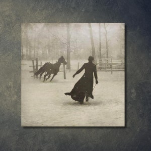 May include: A black and white photograph of a person in a long coat walking away from a horse in a snowy field.