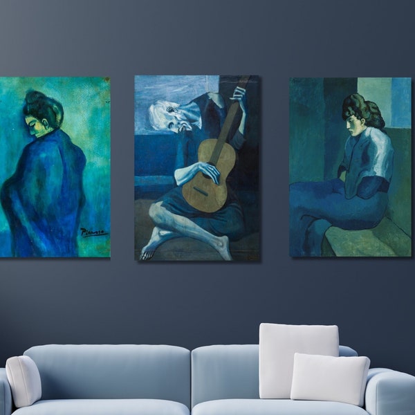 Set van 3, Pablo Picasso, Picasso blauwe periode, de oude gitarist, Pablo Picasso kunst, interieur, Picasso canvas kunst, klaar om op te hangen