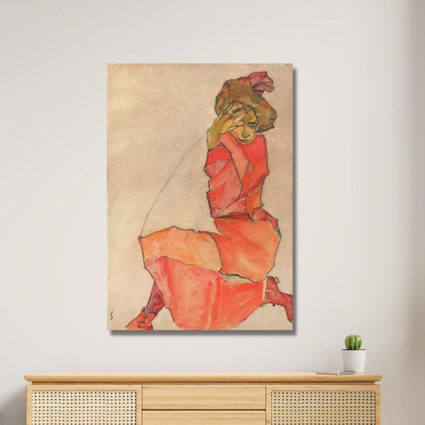 Egon Schiele,Kniendes Weibliches in orange rotem Kleid,1910,Egon Schiele art,rotem Kleid decor,canvas print,ready to hang,rotem Kleid poster