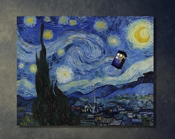 Doctor Who TARDIS,Van Gogh Starry Night, van gogh tardis, tardis decor,tardis poster,ready to hang,living room decor, home decor,