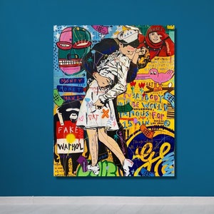 Banksy kiss, canvas art print ,room decor,kiss poster, street art, kiss wall decor,