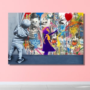 Banksy Wall Art, Graffiti Wall Art, Colorful Girl, Canvas Wall Art ,Banksy Canvas Wall Art,Graffiti Art,Banksy Canvas Home Street art