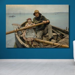 Helping Hand, 1881, Emile Renouf, Old Fisherman helping young girl to row the boat,Extra Large Wall Art,Ready To Hang