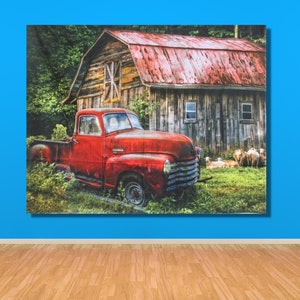 Red Truck ,David Textiles ,Farm, Red Truck at The Barn with Sheep Multicolor, red turuck poster,Extra Large Wall Art,Ready To Hang,
