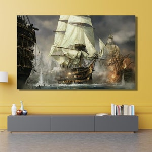 Navi a vela in battaglia, decorazioni per la battaglia, arte delle navi a vela, decorazioni per la casa, pronte da appendere, stampa su tela con mappa, navi